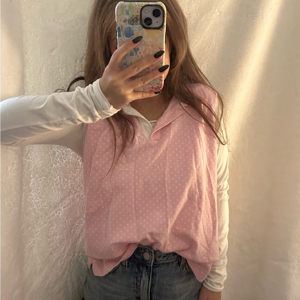 Pink Collared Top With White Polka Dots